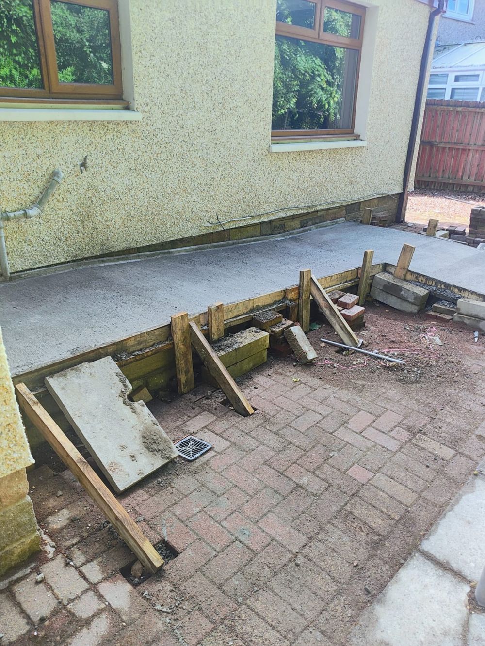 During construction: supporting works and timber formwork.